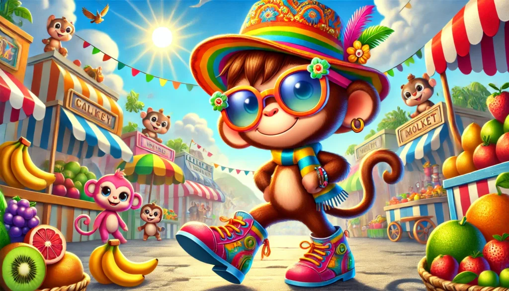 A playful cartoon monkey wearing a colorful hat, stylish sunglasses, and shiny new shoes, confidently walking toward a lively marketplace with vibrant stalls and cheerful animals in the background. The sky is bright and sunny, creating a joyful and adventurous vibe.