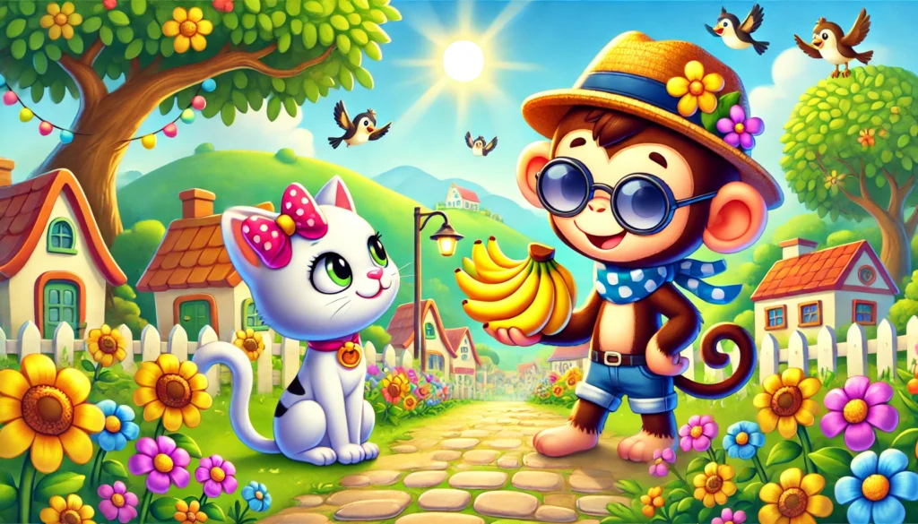 A playful cartoon monkey wearing a colorful hat and sunglasses meets a charming cat with a cute bow on a lively village path. The monkey is holding a bunch of ripe bananas, while the cat looks at him curiously. The background features vibrant flowers, trees, and a bright sunny sky, creating a joyful and friendly atmosphere.
