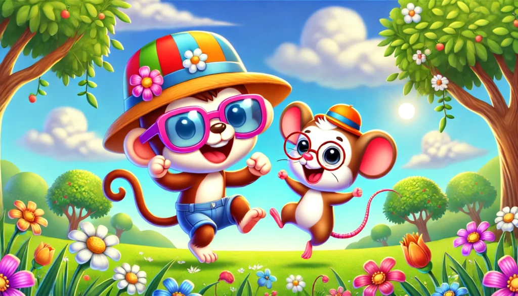 A cheerful cartoon monkey wearing a colorful hat and sunglasses dances joyfully with a cute mouse wearing a tiny hat. They are jumping and laughing together on a grassy field filled with colorful flowers and surrounded by lush green trees. The sky is bright and sunny with fluffy white clouds, creating a playful and energetic atmosphere.