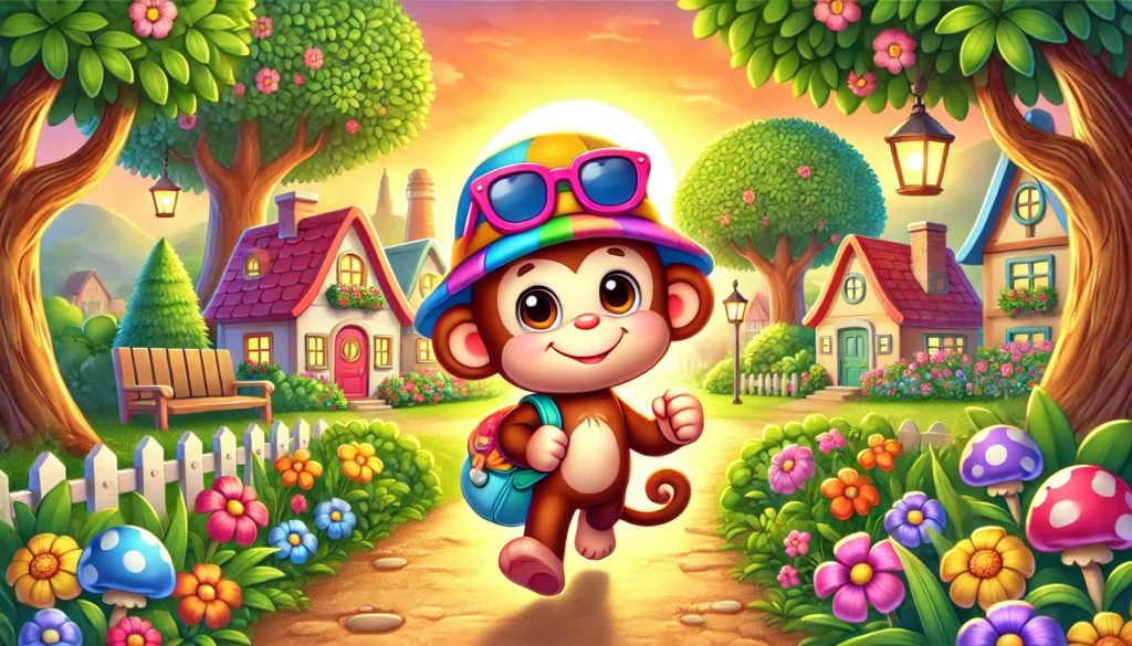 A cheerful cartoon monkey wearing a colorful hat and sunglasses walks happily back home on a village path, carrying a small bag. The path is lined with lush green trees, vibrant flowers, and cozy houses in the background, while the sky glows with a warm sunset, creating a peaceful and content atmosphere.