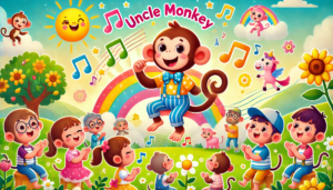 A cheerful and colorful scene featuring Uncle Monkey dancing joyfully with children in a magical landscape filled with floating musical notes, rainbows, and friendly animal characters.