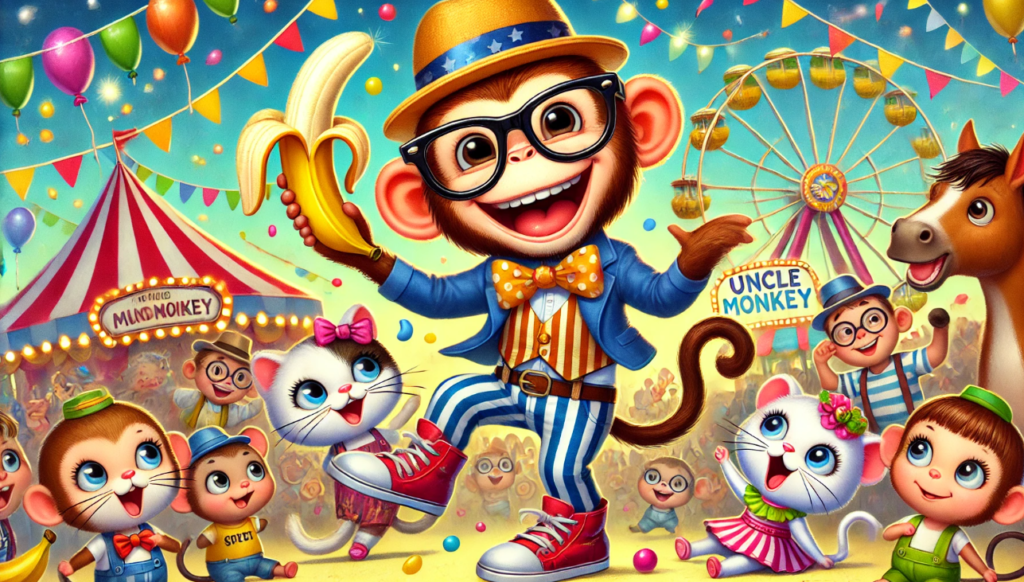 Uncle Monkey, dressed in a stylish hat and glasses, dances happily at a fair while Miss Kitty and a group of little mice join in the fun.