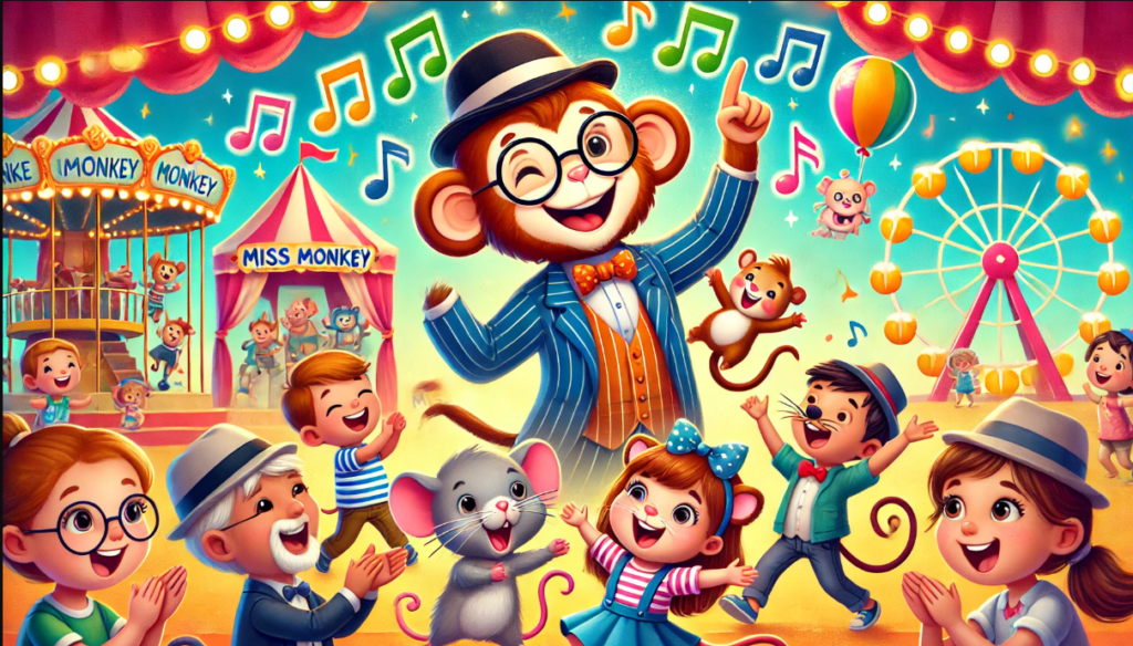 Uncle Monkey, Miss Kitty, and the little mice dance and sing together in a cheerful fairground, with children and parents clapping along.