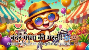 Colorful cartoon scene of a playful monkey wearing a bright hat, stylish sunglasses, and new shoes, dancing happily with a tiny mouse in a bustling marketplace. A cute cat with a small crown watches and smiles nearby. Vibrant stalls filled with fruits, sweets, and colorful items create a joyful and energetic atmosphere. Perfect for children's stories and rhymes. 🎉🐵🌈